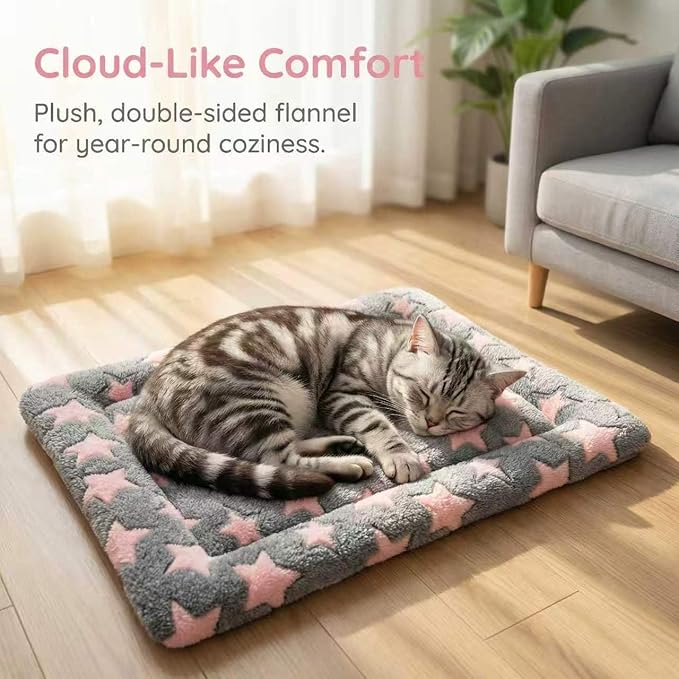 Dog Bed Mat - Reversible Dog Crate Bed Mats, Soft & Breathable Kennel Pad, Durable Crate Bed for Small Dogs & Cats (Pink&Gray Stars, XS(18"*14"*1.5"))