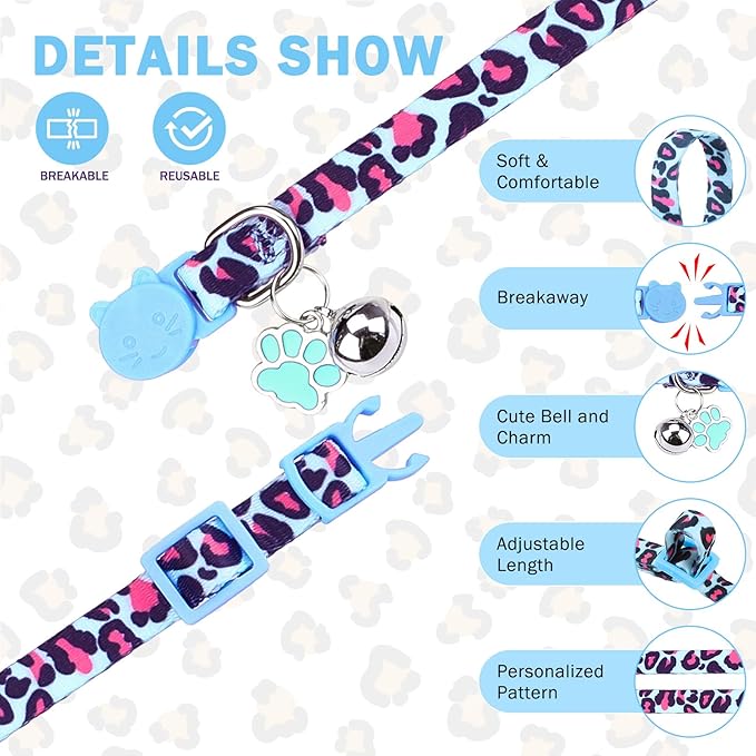 SCENEREAL Breakaway Cat Collar with Bells, Safety Buckle Soft Adjustable Cute Cats Collars for Summer, Kitten Puppy Personalised Leopard and Tiger Print Collars for Dogs Girl Boy