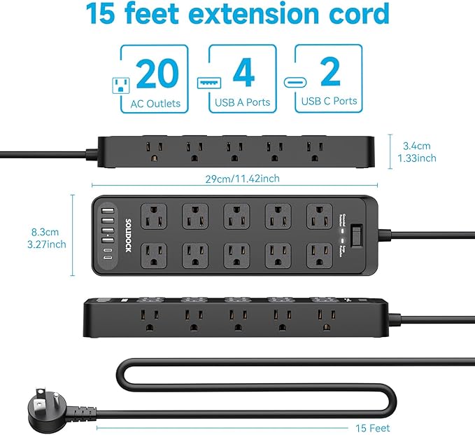 Power Strip Surge Protector Flat Plug with 20 AC Outlets 6 USB Chagring Ports, 1875W/15A, 2700J, 15 Feet Heavy Duty Extension Cord for Home, Office, Dorm, Gaming,ETL Listed (Black, 15FT)