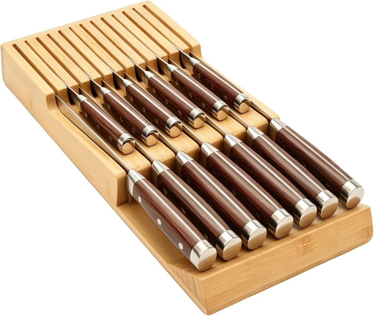Bamboo Kitchen Drawer Knife Block, In drawer Knife Holder, Knife Drawer Organizer fit for 13 knives
