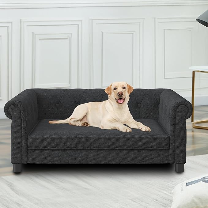 Elevated Rectangle Dog Sofa for Small & Medium Dogs - Comfortable Linen Fabric Dog Bed with Button Tufted Back, Durable Modern and Stylish Pet Bed for Living Room, Bedroom (Black)
