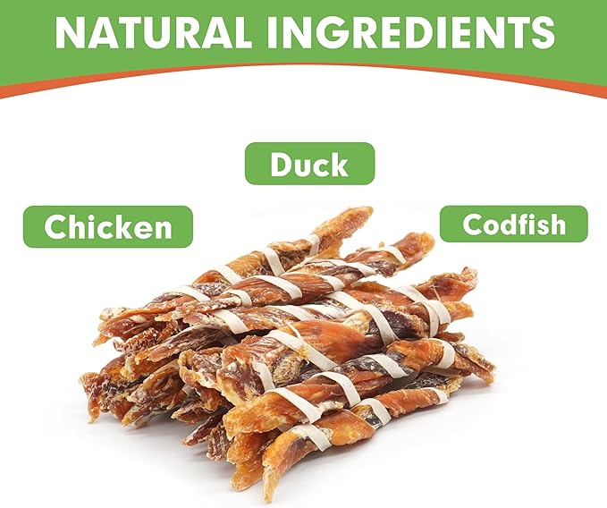 MON2SUN Dog Treats, Triple Flavor Jerky Twist Sticks, 5-7 Inch Chicken Duck and Codfish Sticks Chews for Small Dogs, Healthy Snacks, 17.64 oz (25 Count-Pack of 2)