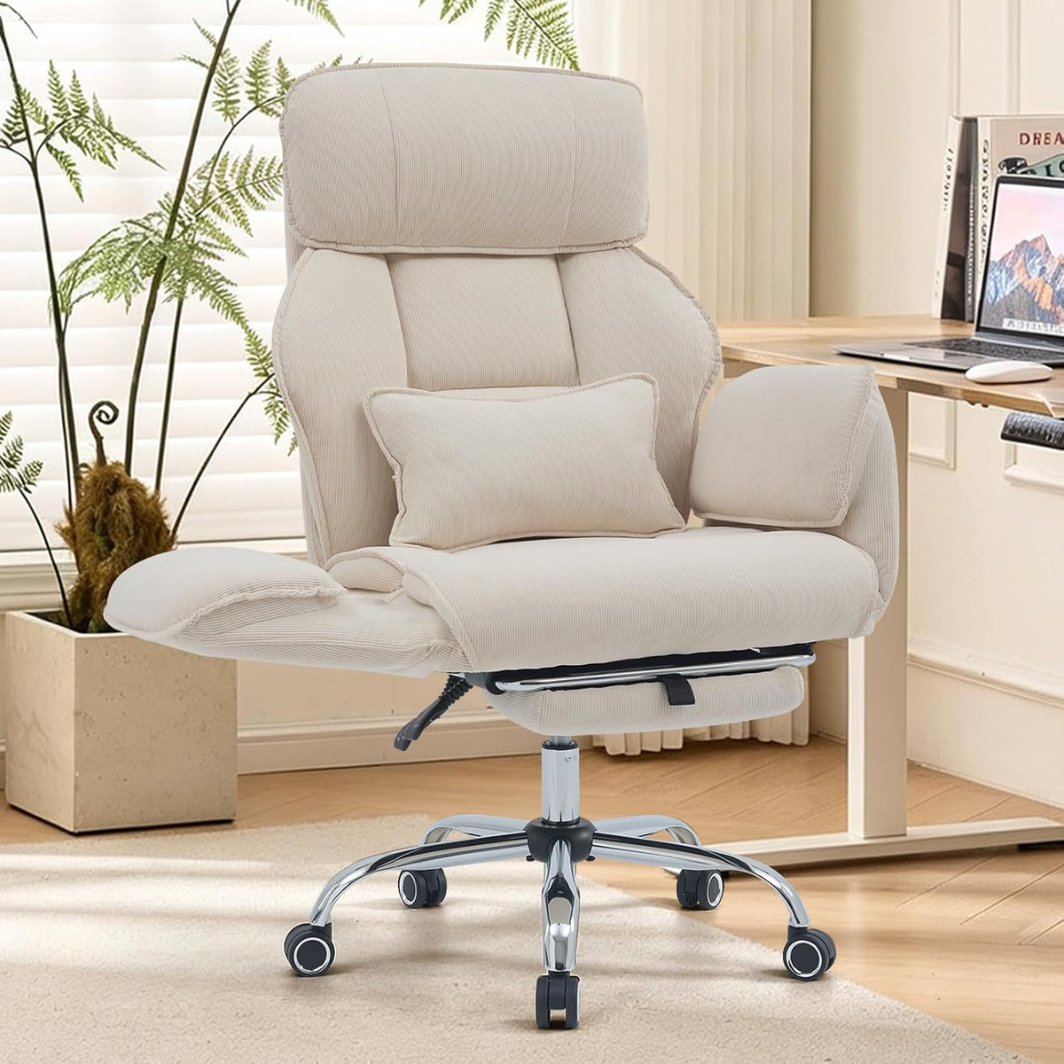 Criss Cross Office Chair with Footrest - 5-Gear Flat Armrests Corduroy Desk Chair, Reclining Wide Ergonomic Computer Chair with Lumbar Pillow, High Back Swivel Vanity Chair