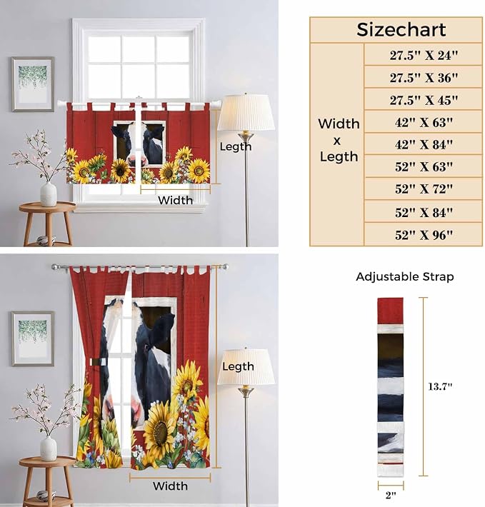 Cow Sunflowers Kitchen Curtains 45 Inch Length, Short Cafe Window Curtains Tab
