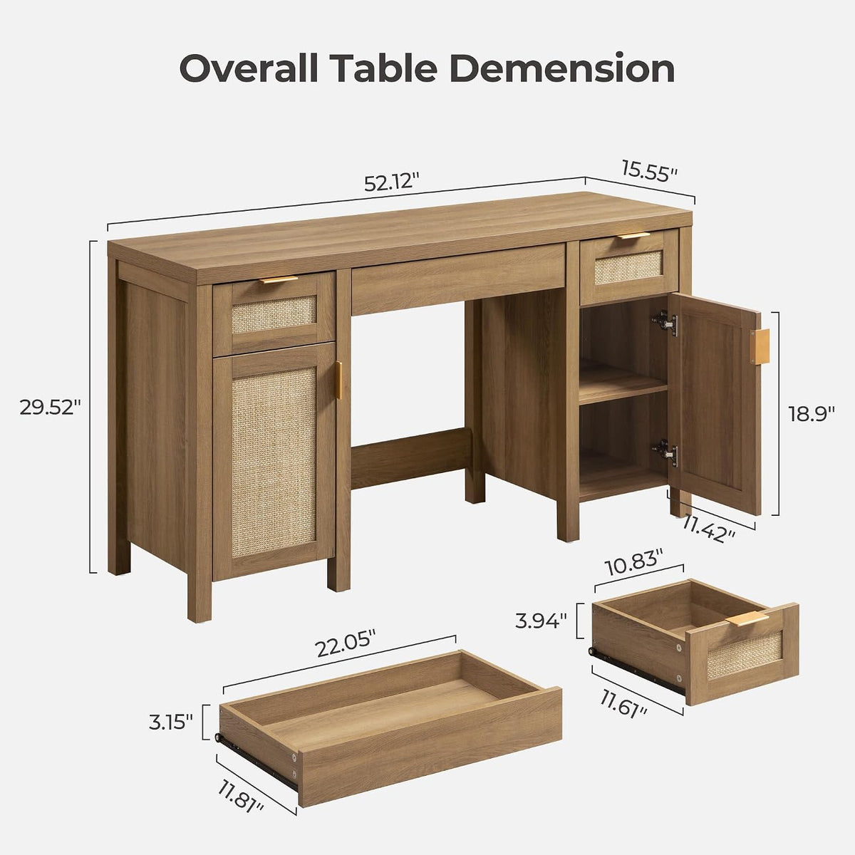 SICOTAS 52" Rattan Vanity Home Office Desk Vanity Table with 3 Drawers