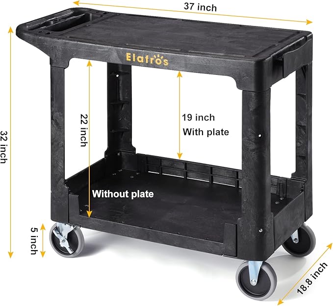 ELAFROS Heavy Duty Plastic Utility Cart, 37 x 18.8 in, Flat Top, Swivel Wheels, 550 lbs Capacity, Black