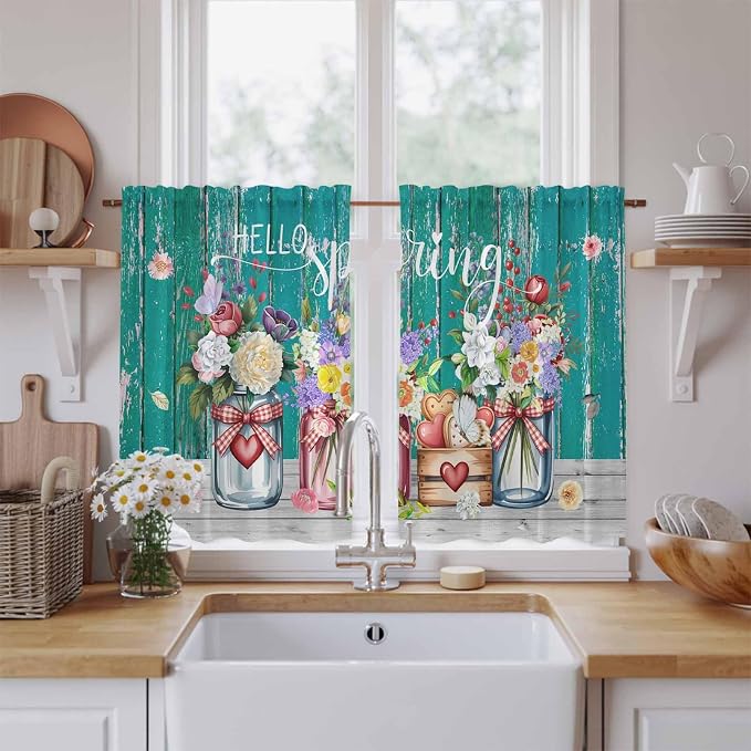 Spring Flowers Kitchen Curtains, Farmhouse Watercolor Teal Wood Grain Light
