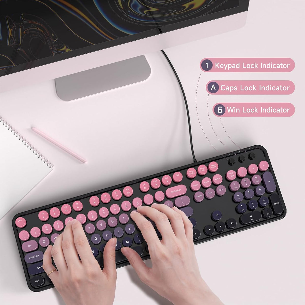 MOFII Computer Keyboards Wired, Plug Play USB Full Size Typewriter Keyboard, Cute Colorful Aesthetic Keyboard with Foldable Stands for Windows PC Laptop (Berry Pink)