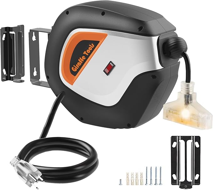 Giraffe Tools DE14 Retractable Extension Cord Reel 50 ft 14/3AWG Power Cord Storage Reel Wall/Ceiling Mount, Lighted Triple Tap Outlet, 50ft, Black Orange