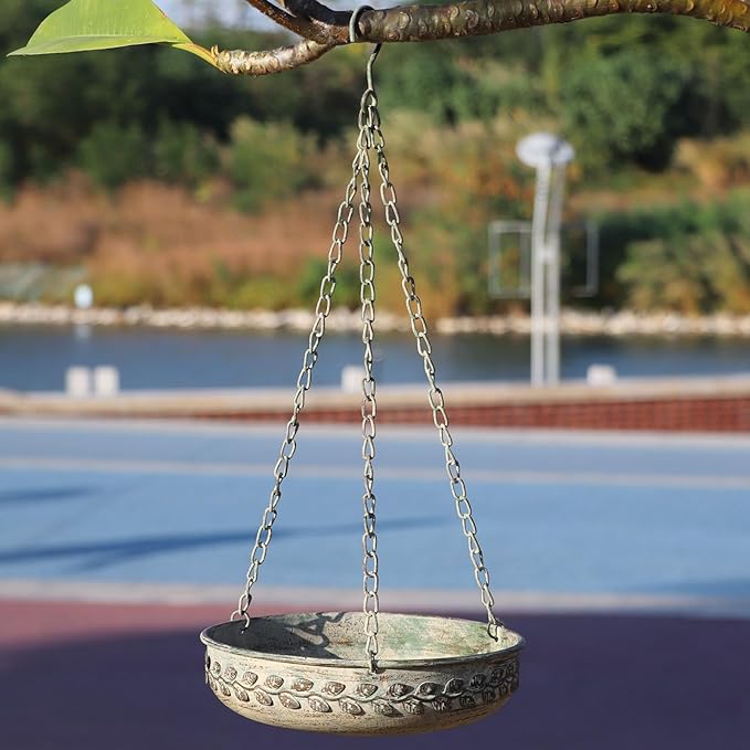 Hanging Bird Bath Hanging Bird Feeder - Metal BirdBath Bowl Birdfeeder Tray for Garden Backyard Patio and Deck-Retro Green