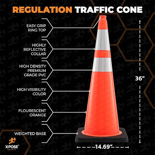 Xpose Safety 36 Inch Orange Traffic Cones Heavy Duty 12lb with 6" & 4" Collars, 48 Pack - Multipurpose PVC Plastic Safety Cone for Parking, Soccer, Caution, Kids and Construction - DOT Approved
