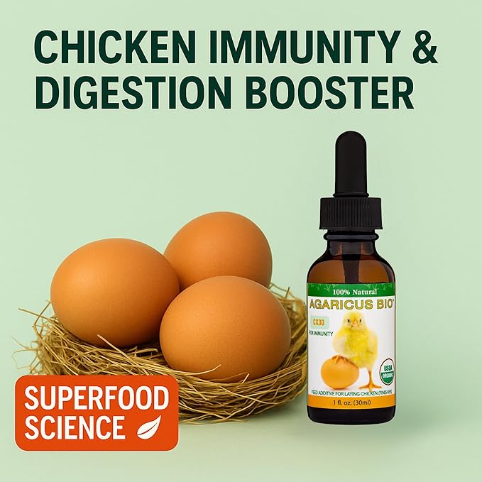 Agaricus Bio for Poultry (CX30) – Organic Herb Supplement for Healthy Chickens, Immune & Digestion Health Booster Drops, Prebiotics Water Additive for Laying Hens, Chicks & Backyard Chicken, 30 ml