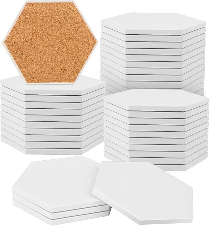 30 Pieces 3.75 Inch Hexagon Blank Ceramic Coasters, Unglazed Ceramic Tiles