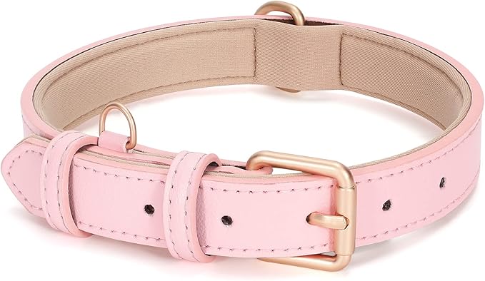WHIPPY Leather Dog Collar for Small Medium Large Dog Adjustable Soft Breathable Leather Padded Puppy Collar with Alloy Buckle Heavy Duty Waterproof Classic Dog Pet Collar,Pink,L