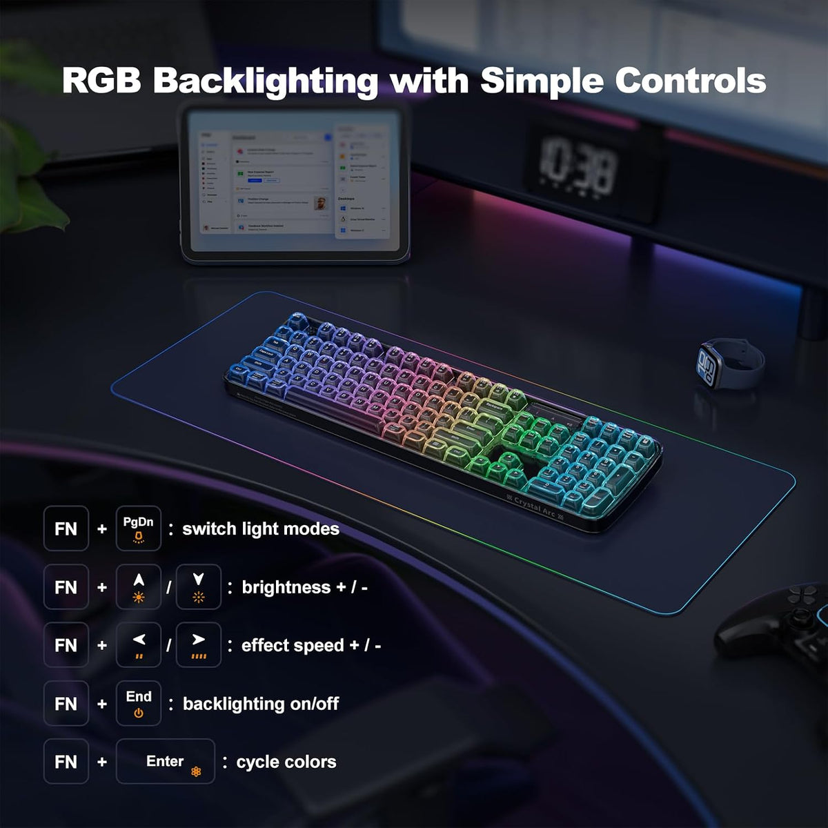 MOFII Tri-Mode Wireless Keyboard, Transparent Full-Size with RGB Backlit, Bluetooth 5.0/2.4G USB/Wired Gaming Keyboard for Windows Mac PC Laptop, Black – Office & Gamers
