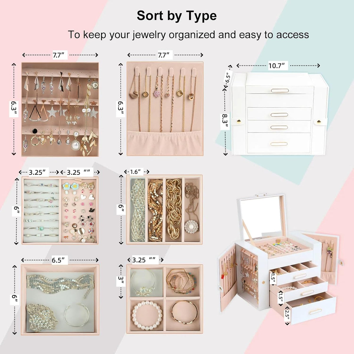 ASINGYER White 4 Layer 3 Drawer Jewelry Organizer with Double Hanging Side Cabinets for Women Accessories