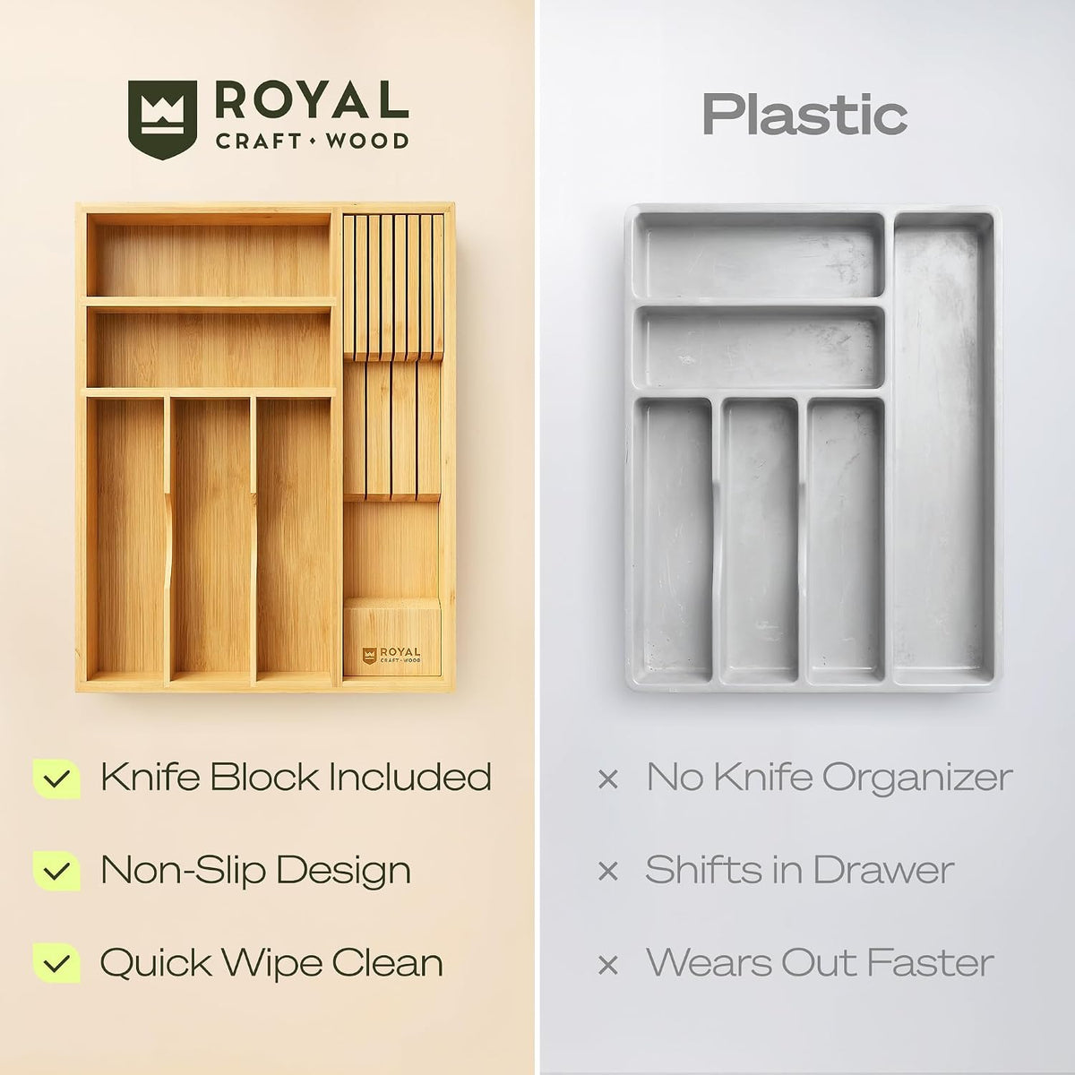 Drawer Organizer with Knife Block for Kitchen Organization, Bamboo Silverware Drawer Organizer, Compact Bamboo Cutlery Tray for Flatware and Utensils, Removable 7-Slot Knife Block for Kitchen Drawers