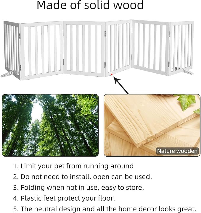 Foldable Indoor Dog Gate for The House Freestanding Stairs Nature Wooden White Pet Gate for Doorway Puppy Gate for Dogs Expandable Dog Fence for Stairs or Hallways 24"" Height 6 Panels