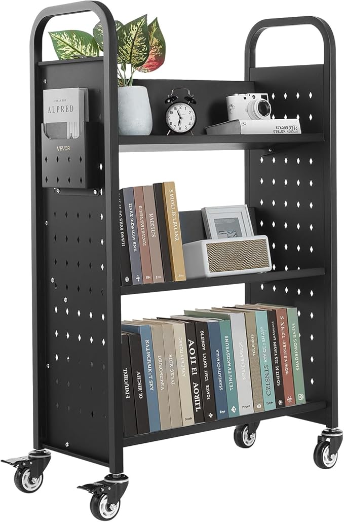 VEVOR Rolling Library Book Cart, 330 lbs Capacity, 30.3 x 15 x 48.0-Inch Library Cart, Single Sided V-Shaped Shelves with 3-Inch Lockable Wheels, Book Truck for Home Shelves Office and School, Black