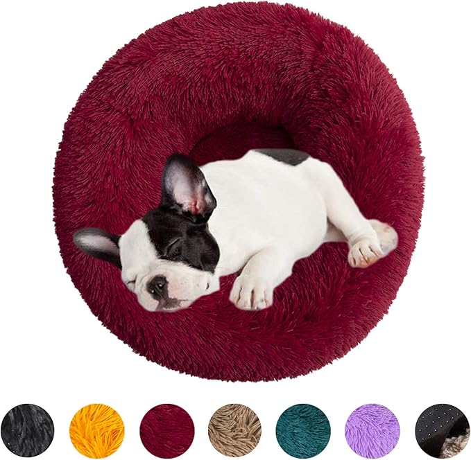 huraty Plush Dog Bed for Small Medium Dogs, Fluffy Donut Round Pet Cat Beds, Anti-Slip & Anti-Anxiety, 24 Inch for Puppy and Kitties, Wine Red, M