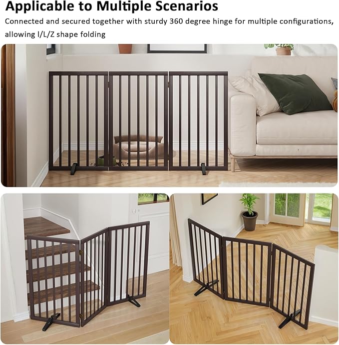 Dog Gate for Doorways 32" Tall Freestanding Dog Gate for Stair Foldable Pet Gate for Dogs Indoor (Brown,3 Panel)