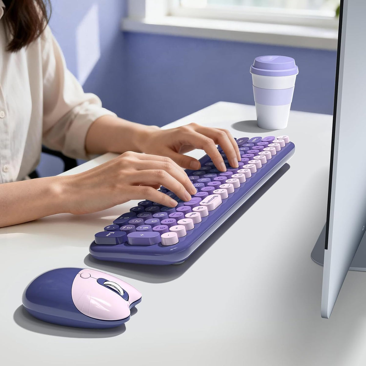 Wireless Keyboard and Mouse Combo, MOWUX Compact Typewriter Retro Round Computer Keyboard, Cute Optical Mouse Wireless, Plug and Play, for Laptop, PC, Computer- Purple Gradient