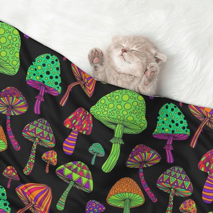 Double Sided Plush Pet Blanket with Cozy Dot Texture and Smooth Reverse, Trippy Mushrooms, Reversible Throw for Dogs Cats on Couches Beds Crates