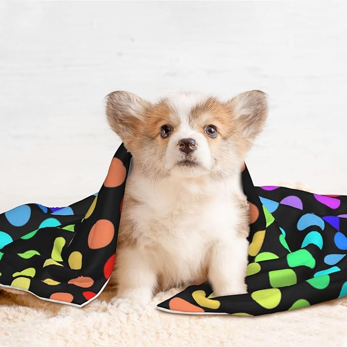 Reversible Pet Blanket for Easy Cleaning Maintenance, Colorful Rainbow Polka Dots, Double Sided Plush Dot Design Means Double Use Between Washes for Convenience