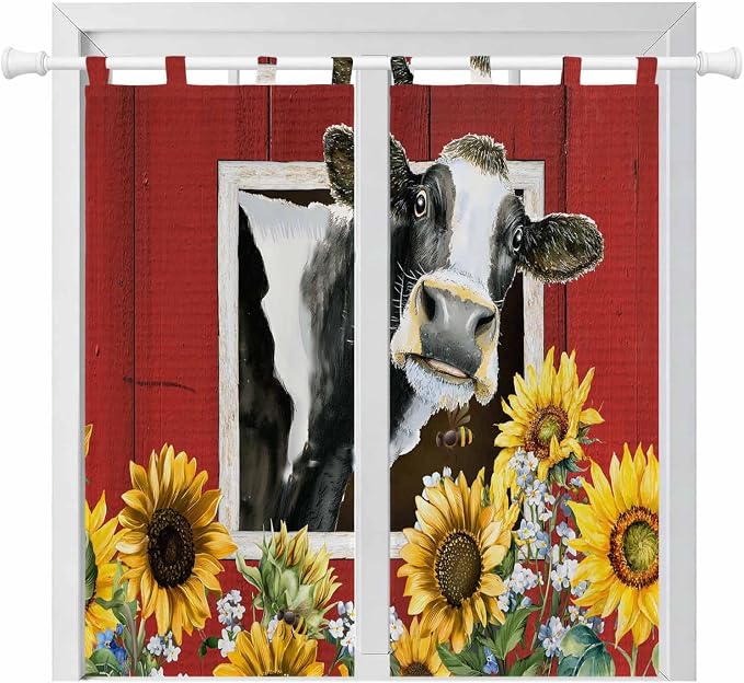 Cows Sunflowers Bedroom Curtains 72 Inch Length, Window Curtains Tab Top