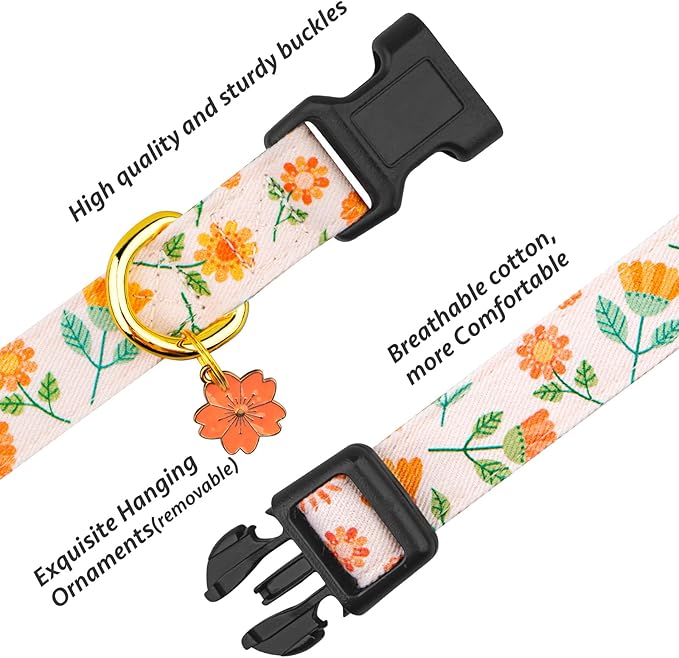 Cotton Handmade Dog Collar Cute and Distinctive Patterns Pink Sunflower with Pendant for Girl Boy Dogs Collars M