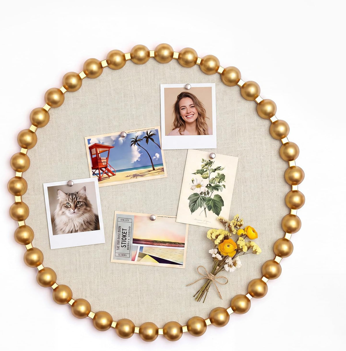 24 Inch Gold Bulletin Board, Beaded Frame Linen Fabric Pin Board