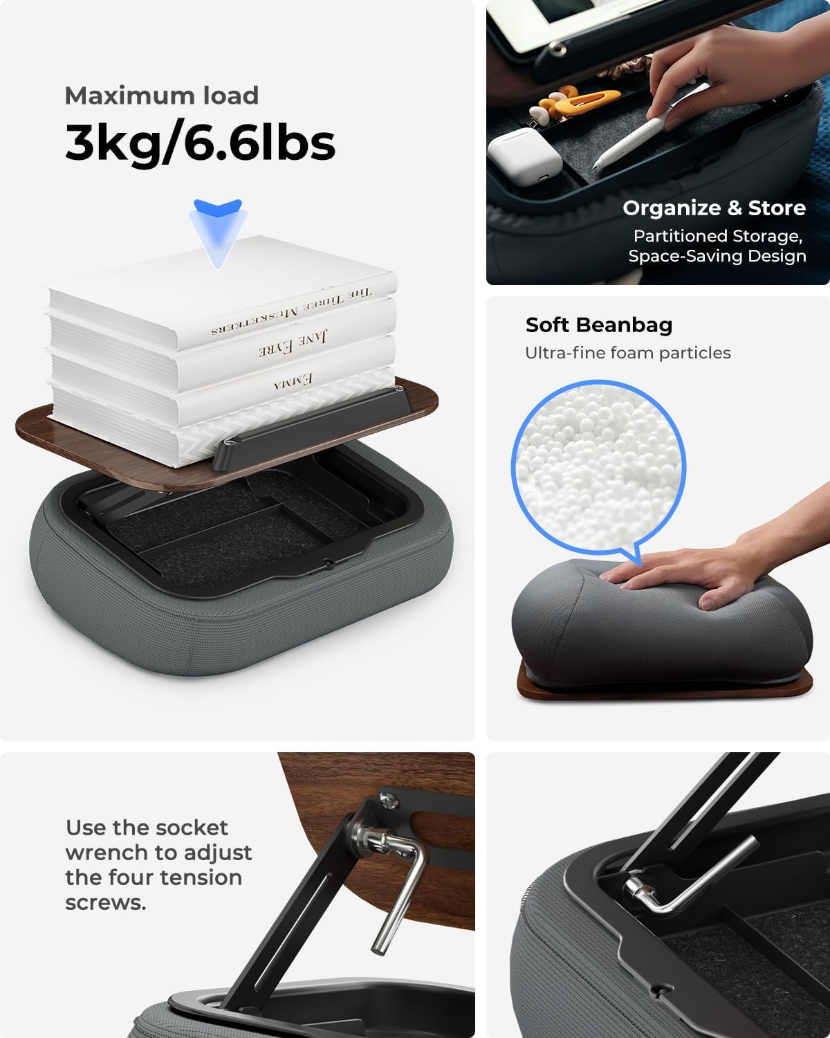 Viozon Lap Book Pillow Stand with Light, Adjustable Beanbag Reading Pillow with Storage, Multi-Angle Book Holder for Hands-Free Reading in Bed or Sofa,Book Lover Essential,Soft Cushion