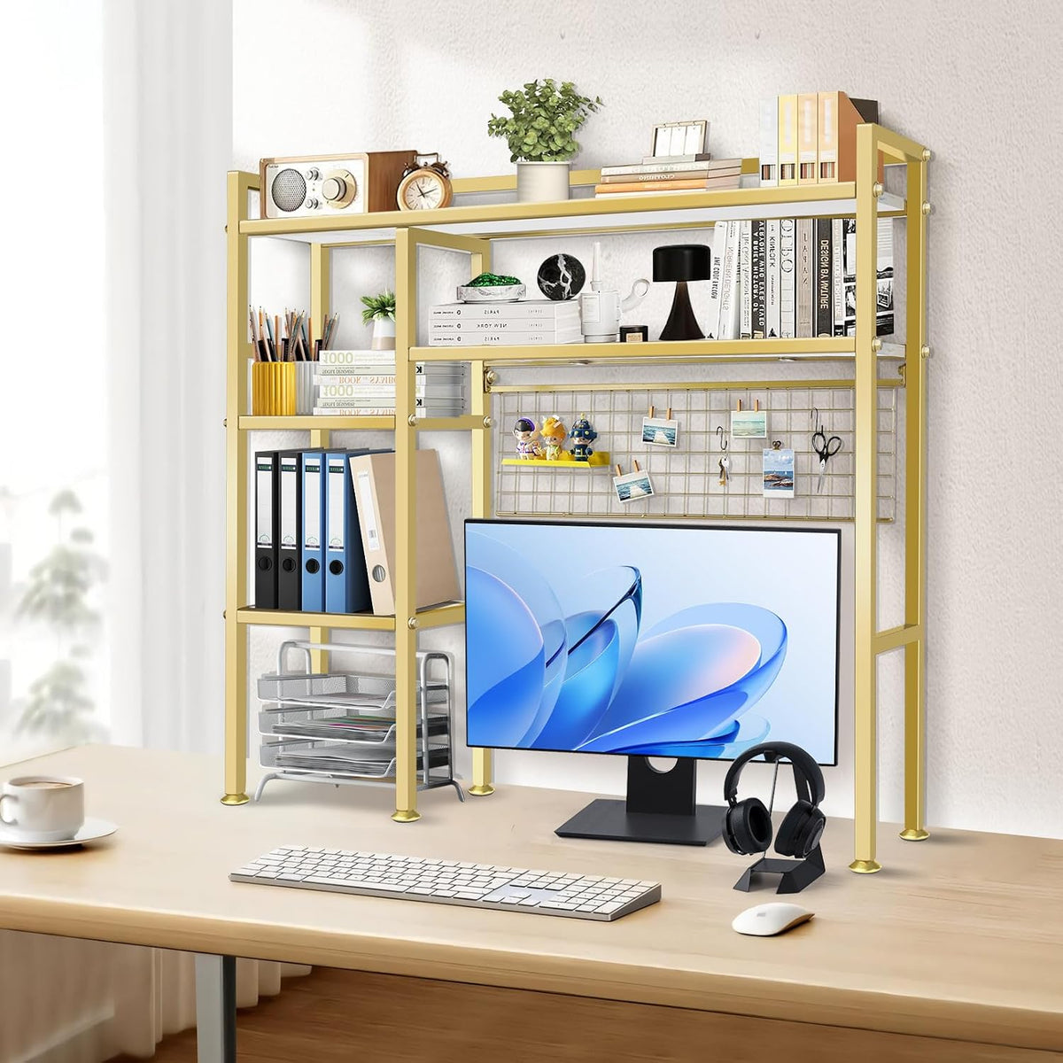 Desk Shelf with Grid Panel, 37.5" Desktop Hutch Organizer, 4-Tier Desk Bookshelf for Computer Desk, Metal & Wood Desktop Storage Rack for Home Office, Dorm, Study Desk, Gold