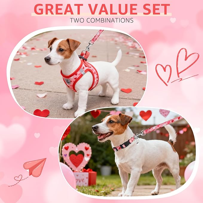 SCENEREAL Valentines Dog Harness Collar and Leash Set, Step in No Pull Soft Mesh Pet Harnesses for Small Medium Dogs Puppy Cats, No Chock Reflective Vest Harness