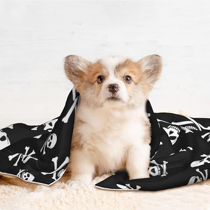 Two Sided Pet Cuddler Blanket for Anxiety Calming, Skull and Crossbones, Reversible Plush Design with Bubble Dot Pattern Provides Familiar Surface Anywhere