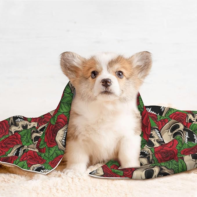 Pet Blanket for Travel and Home, Floral Rose Flowers Day of The Dead Sugar Skulls, Reversible Plush Dot Design with Soft Grip Texture on One Side Perfect for Car Seats Moving Vehicles