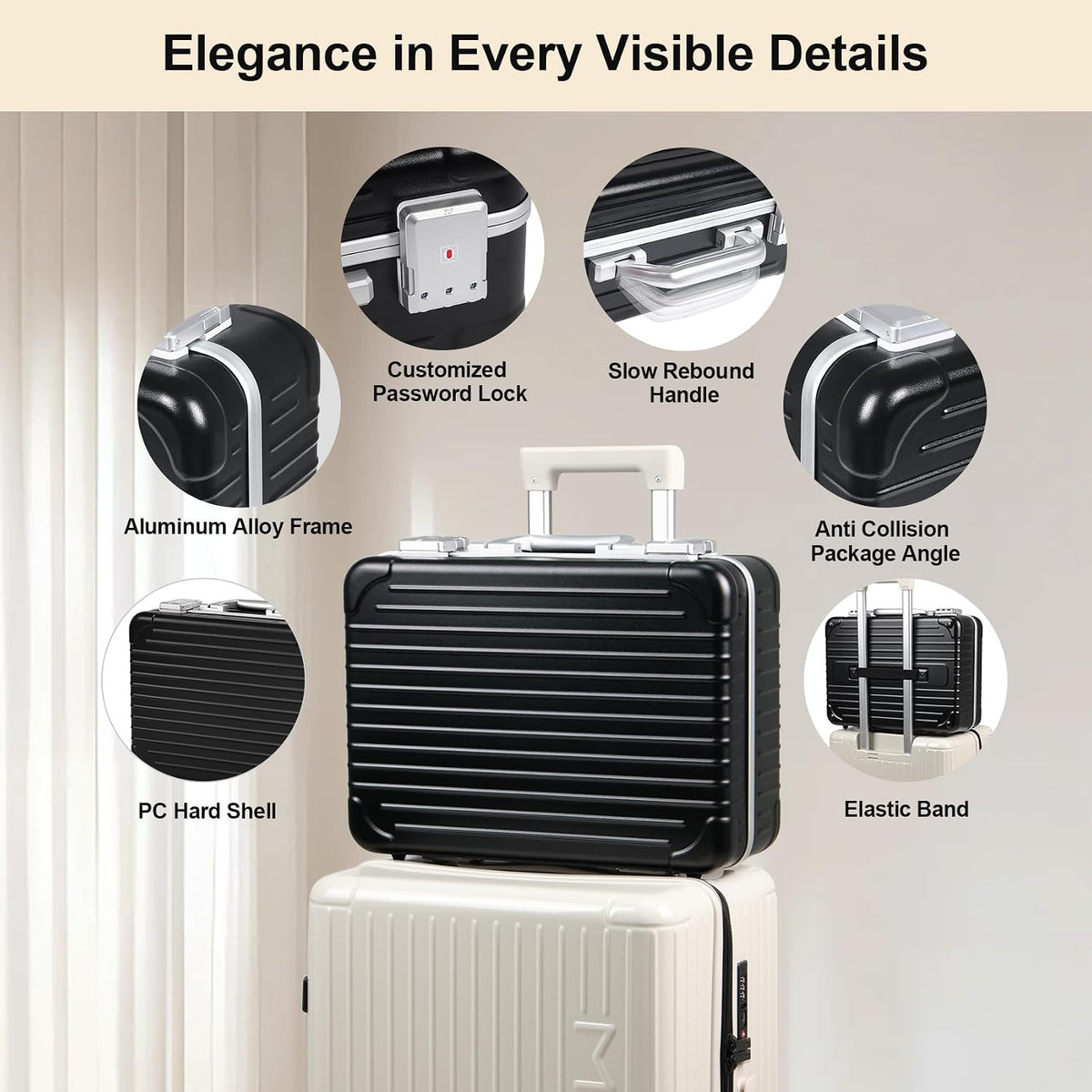 BEAUTY CASE Makeup Case with LED Mirror, 16 inch PC and Aluminum Shockproof Hard Shell Cosmetic Organizer Case, Portable Travel Vanity Box with Brush Board, Combination Lock, Black