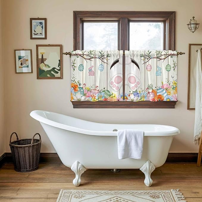 Easter Kitchen Tier Curtains 24 Inch Long 2 Panel Set, Rod Pocket Cafe Small