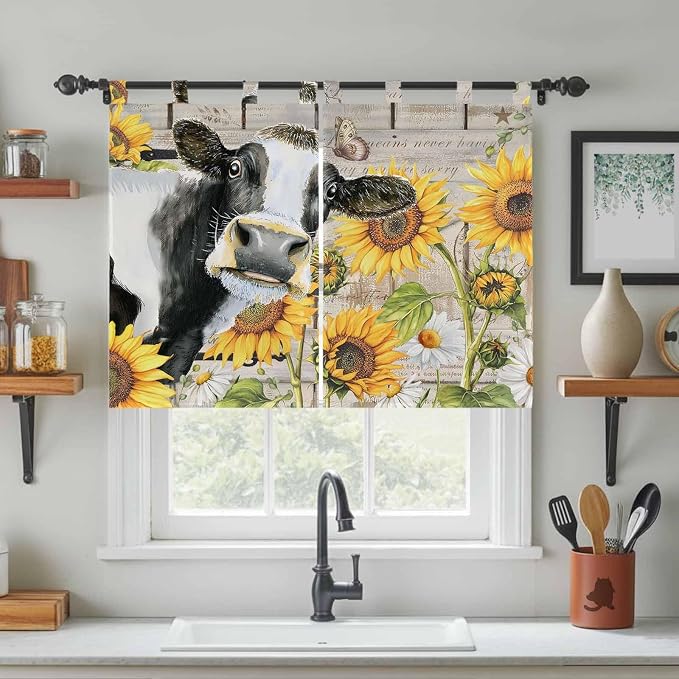 Yellow Sunflowers Kitchen Curtains 45 Inch Length, Short Cafe Window Curtains
