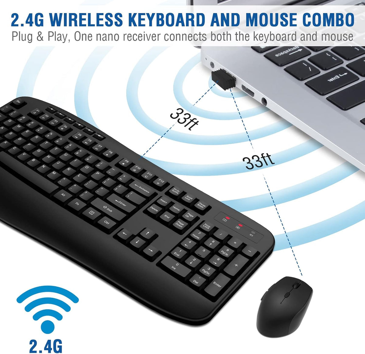 Wireless Keyboard and Mouse Combo, Full-Sized 2.4GHz Wireless Keyboard with Comfortable Palm Rest and Optical Wireless Mouse for Windows, Mac OS PC/Desktops/Computer/Laptops (Classic Black)