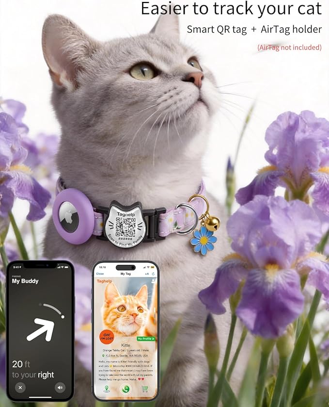 Smart Breakaway Cat Collar with QR Code Pet ID, Built-in AirTag Holder, Adjustable Cotton Cat Collar with Bell for Kittens and Adult Cats ，Pastoral Style with airtag Holder(Purple)