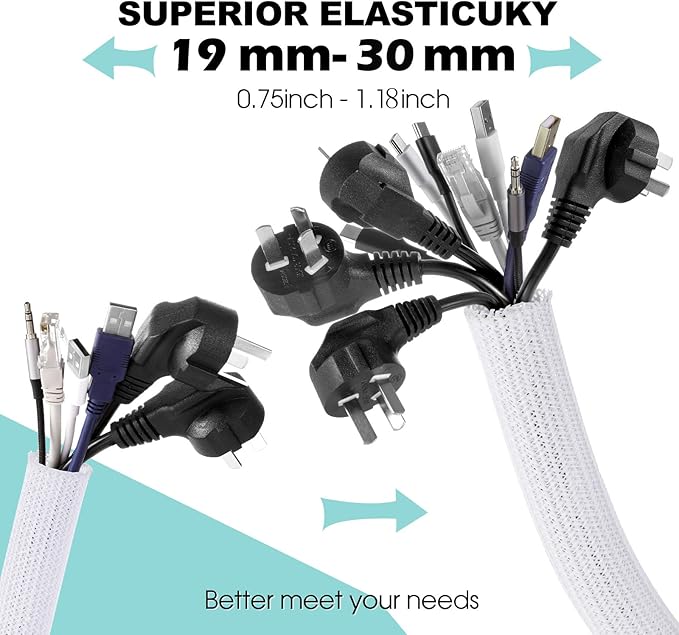 AGPTEK White Cable Sleeve Cover, 2 Pack 5ft - 1.2 inch Desk Cord Organizer Cable Hider, Home Office Wire Management Computer TV Wire Loom Tubing, Pet Proof Cord Protector, from Cat Dog Chewing, White