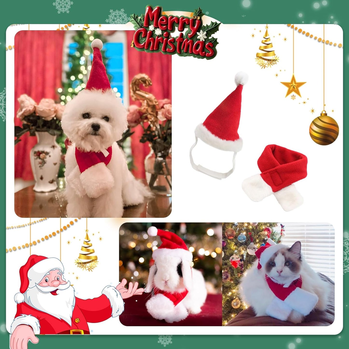 Enjoying Cat Christmas Costume, Santa Hat with Red Scarf for Cats Small Dogs, Rabbit Xmas Outfit, Pet Santa Claus Hat Scarf for Cold Day Head and Neck Warm, New Year Party Cosplay