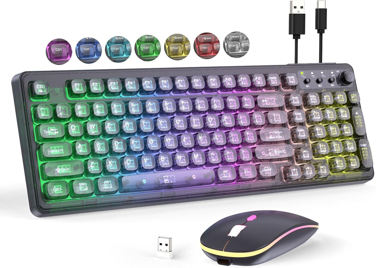 Wireless Keyboard and Mouse Combo Rechargeable, Light Up Transparent Backlit Keyboard with 15 LED Lighting Effects, Volume Knob, RGB Mouse, 2.4GHz Wireless for PC Laptop Desktop, Black