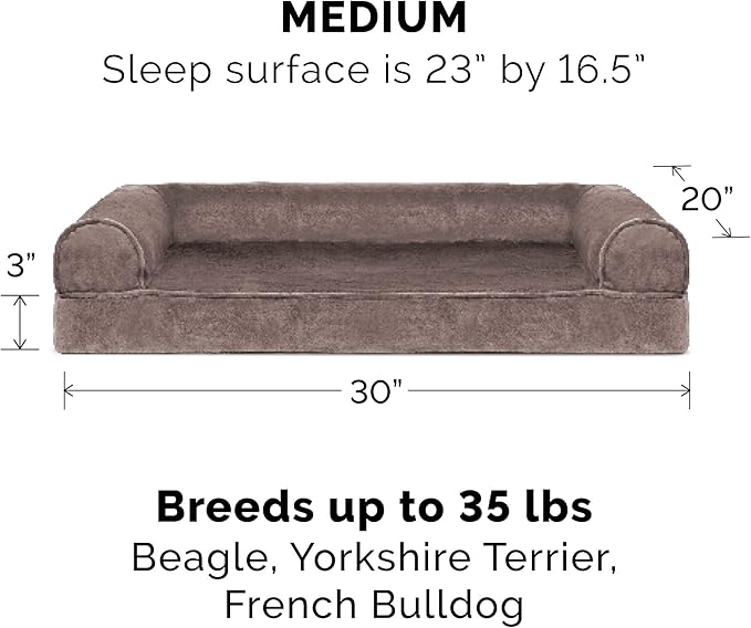 Furhaven Orthopedic Dog Bed for Medium/Small Dogs w/ Removable Bolsters & Washable Cover, For Dogs Up to 35 lbs - Faux Fur & Velvet Sofa - Driftwood Brown, Medium