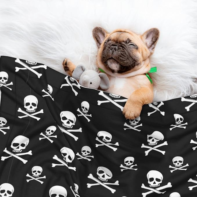 Double Sided Plush Pet Blanket for Small Large Animals, Skull and Crossbones, Reversible Throw with Dimpled Dot Side and Flat Side for Kennels Living Rooms