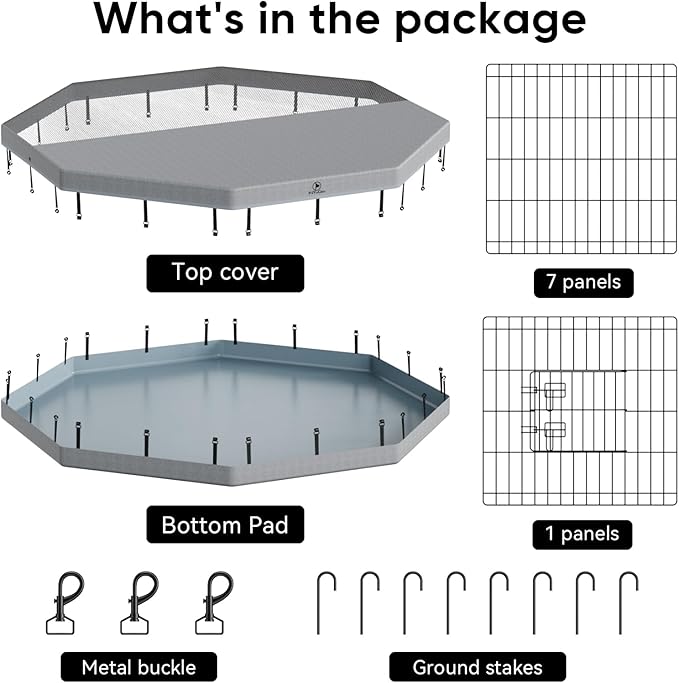 PJYuCien Dog Playpen with Top Cover and Bottom Pad - Metal Foldable Exercise Pen, 8 Panels 42" H x 24" W Indoor Outdoor Pet Fence Puppy Crate Kennel, Gray