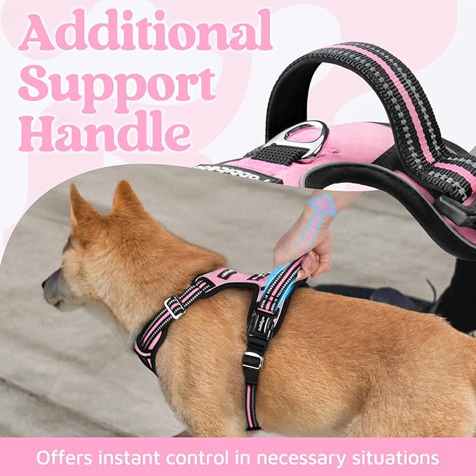 rabbitgoo Dog Harness Small Sized, No Pull Dog Vest with 3 Buckles, Adjustable Soft Padded Pet Harness with Easy Control Handle and Reflective Strips, Light Pink, S