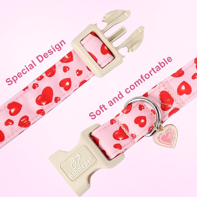 Valentines Dog Collar, Cute Pink Dog Collar with Red Heart Printed, Comfortable Girl Puppy Collar with Quick Release Plastic Buckle, X-Small