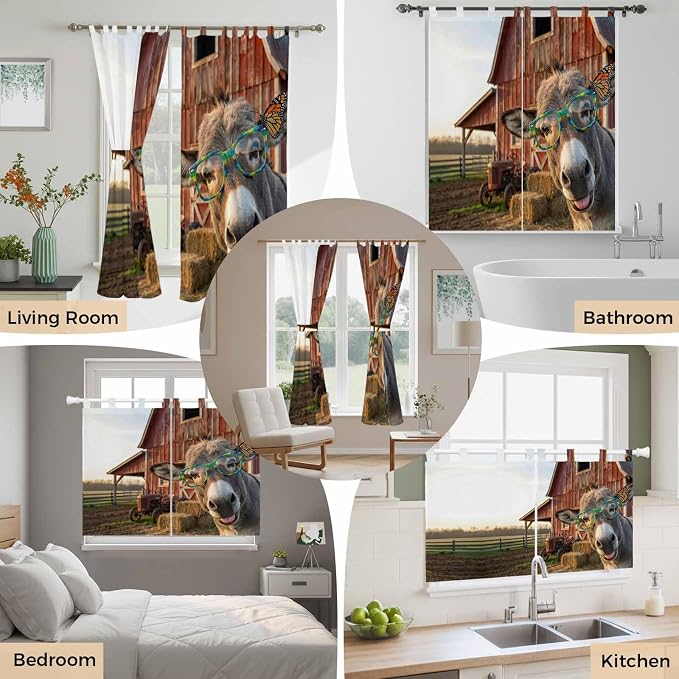 Farm Donkeys Bedroom Curtains 63 Inch Length, Window Curtains Tab Top,
